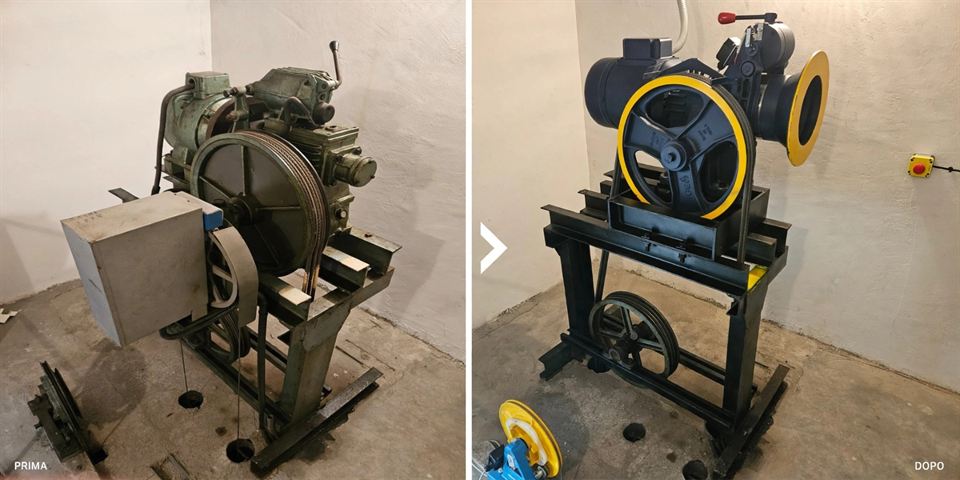 Sostituzione di un argano in sala macchine: a sinistra il vecchio argano verde con riduttore, a destra il nuovo argano nero con puleggia gialla montato sul telaio in acciaio