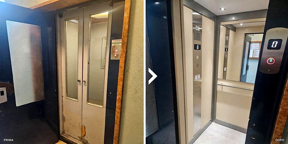 Ammodernamento di una cabina: a sinistra le vecchie porte di cabina rovinate, a destra la cabina rinnovata con pannelli chiari, specchio, corrimano, pulsantiera in acciaio e display di piano