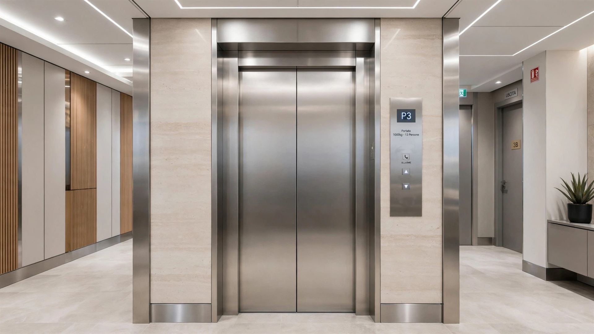 Ascensore moderno con porte in acciaio satinato e pulsantiera di piano