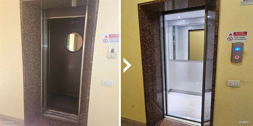 Ammodernamento di porte e cabina: a sinistra la vecchia porta in legno con oblò, a destra le nuove porte in acciaio aperte sulla cabina rinnovata con specchio, luci a soffitto e pulsantiera di piano con display